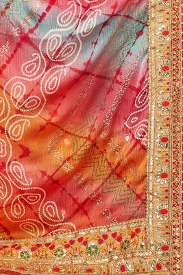 Peach  chiffon bandhani saree with unstitched blouse piece 5