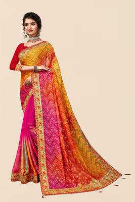 Pink  chiffon bandhani saree with unstitched blouse piece 1