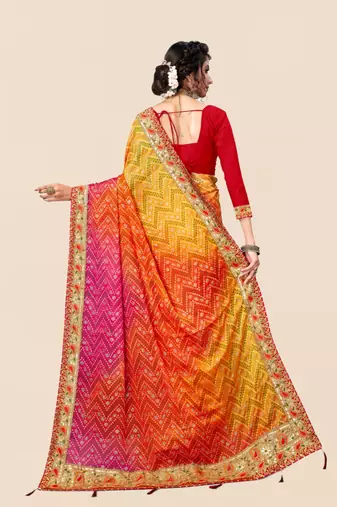 Pink  chiffon bandhani saree with unstitched blouse piece