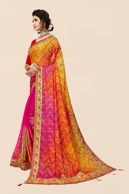 Pink  chiffon bandhani saree with unstitched blouse piece 3