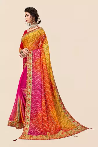 Pink  chiffon bandhani saree with unstitched blouse piece