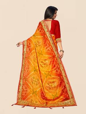 Yellow  chiffon bandhani saree with unstitched blouse piece 2