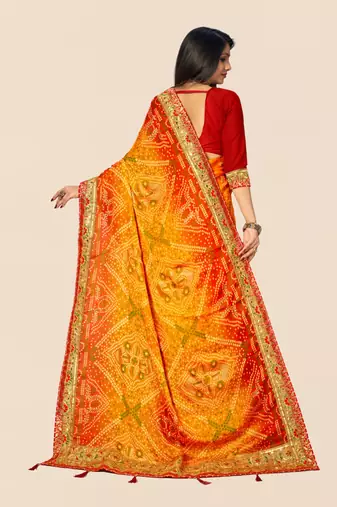Yellow  chiffon bandhani saree with unstitched blouse piece