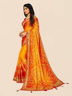 Yellow  chiffon bandhani saree with unstitched blouse piece 3