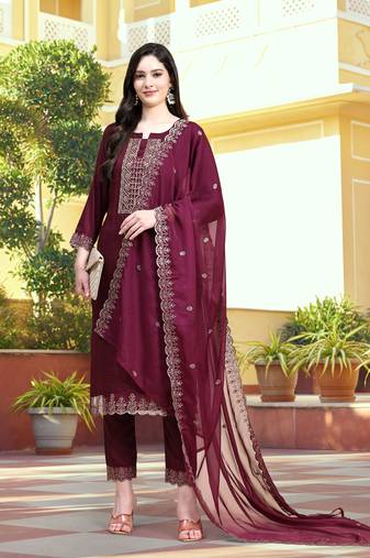 Purple Cotton Silk Embroidered Kurta Pant with Dupatta Salwar Suit 3 Pieces Set 
