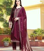 Trendmalls Purple Cotton Silk Embroidered Kurta Pant with Dupatta Salwar Suit 3 Pieces Set 