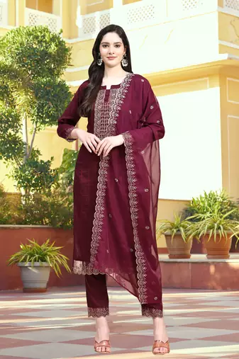 Trendmalls Purple Cotton Silk Embroidered Kurta Pant with Dupatta Salwar Suit 3 Pieces Set 