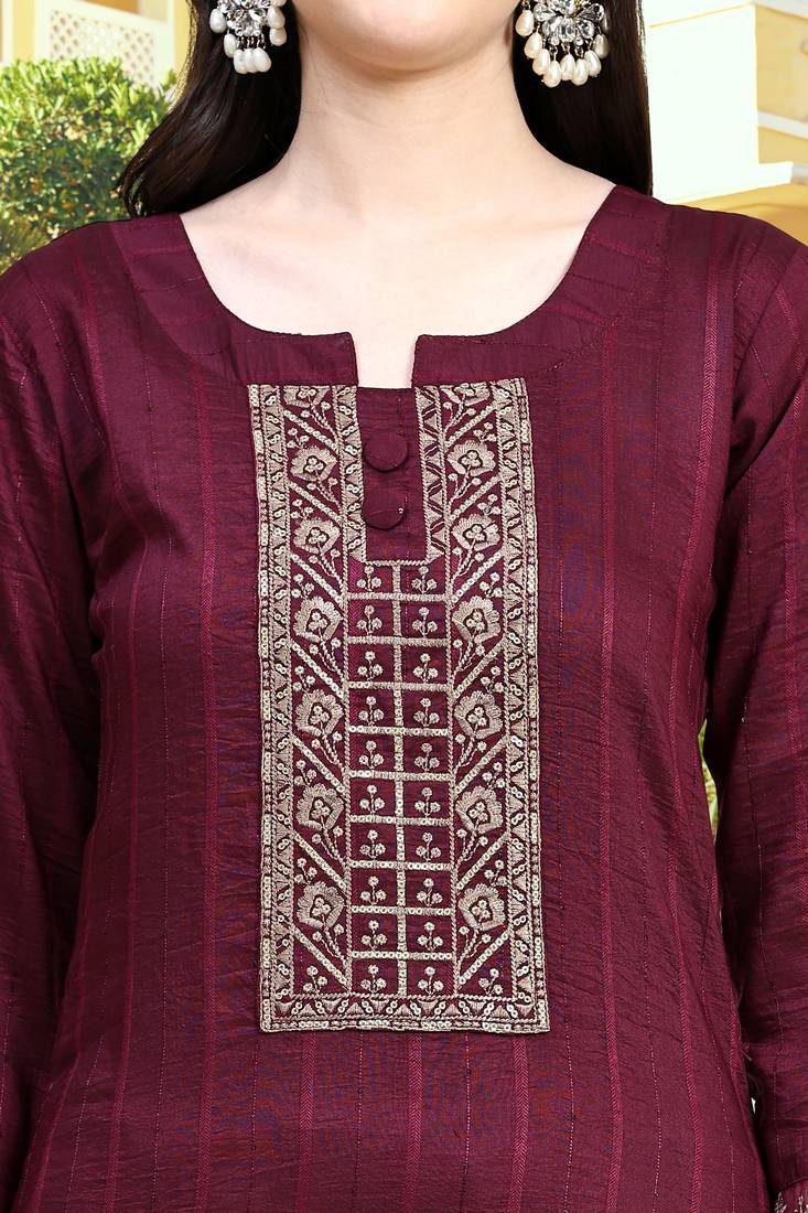 Purple Cotton Silk Embroidered Kurta Pant with Dupatta Salwar Suit 3 Pieces Set 