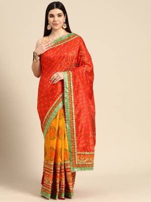 Yellow bandhani saree with lace border and unstitched blouse piece 1