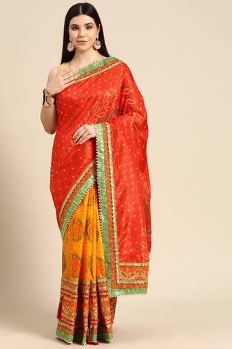 Yellow bandhani saree with lace border and unstitched blouse piece