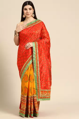 Yellow bandhani saree with lace border and unstitched blouse piece