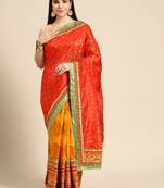 Yellow bandhani saree with lace border and unstitched blouse piece