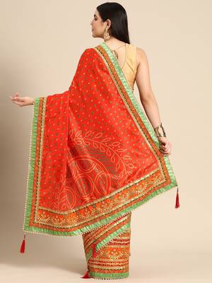 Yellow bandhani saree with lace border and unstitched blouse piece 2