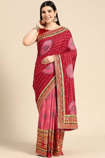 Pink bandhani saree with lace border and unstitched blouse piece