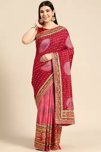 Pink bandhani saree with lace border and unstitched blouse piece