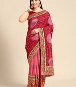 Pink bandhani saree with lace border and unstitched blouse piece