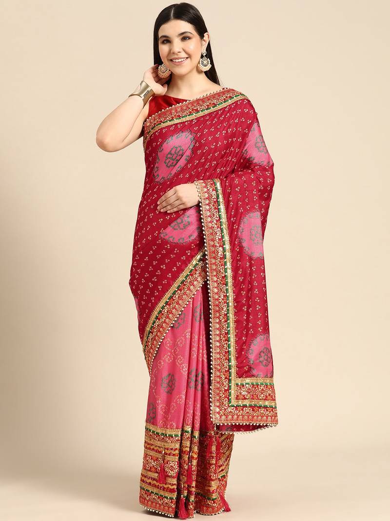 Pink bandhani saree with lace border and unstitched blouse piece
