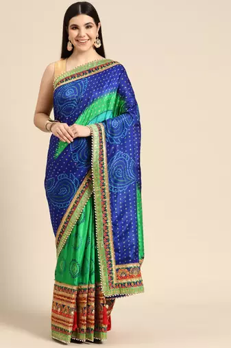 Blue bandhani saree with lace border and unstitched blouse piece