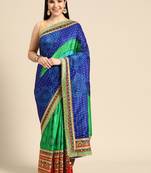 Blue bandhani saree with lace border and unstitched blouse piece