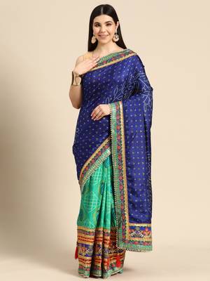 Blue bandhani saree with lace border and unstitched blouse piece 1