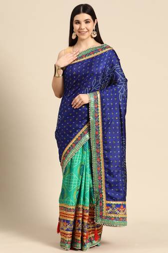 Blue bandhani saree with lace border and unstitched blouse piece