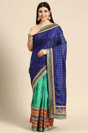 Blue bandhani saree with lace border and unstitched blouse piece