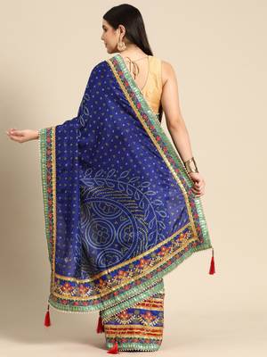 Blue bandhani saree with lace border and unstitched blouse piece 2