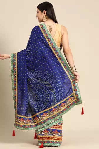 Blue bandhani saree with lace border and unstitched blouse piece