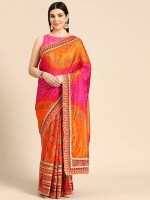 Pink bandhani saree with lace border and unstitched blouse piece 1