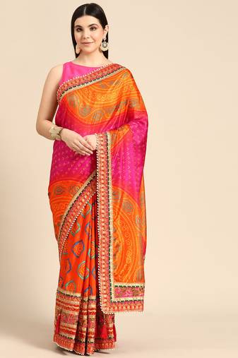 Pink bandhani saree with lace border and unstitched blouse piece