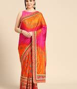 Pink bandhani saree with lace border and unstitched blouse piece