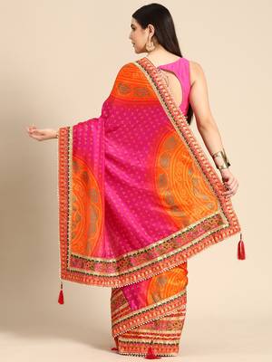 Pink bandhani saree with lace border and unstitched blouse piece 2