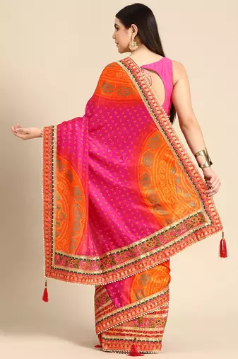 Pink bandhani saree with lace border and unstitched blouse piece