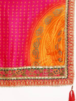 Pink bandhani saree with lace border and unstitched blouse piece 3