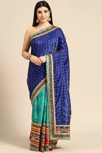Blue bandhani saree with lace border and unstitched blouse piece