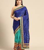 Blue bandhani saree with lace border and unstitched blouse piece