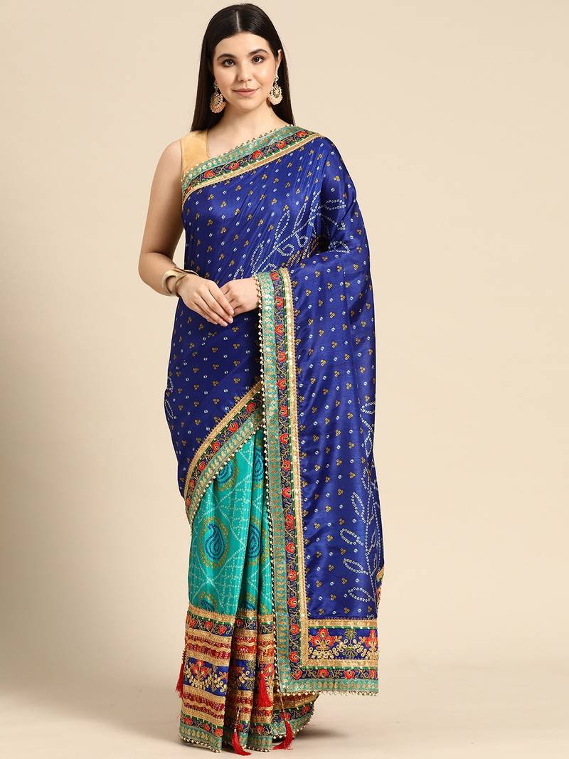 Blue bandhani saree with lace border and unstitched blouse piece