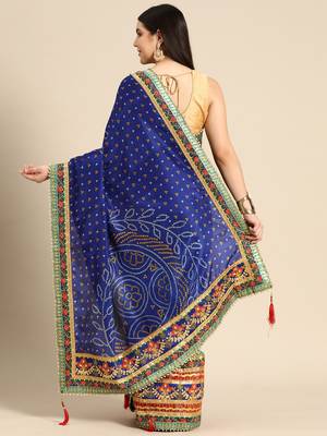Blue bandhani saree with lace border and unstitched blouse piece 2