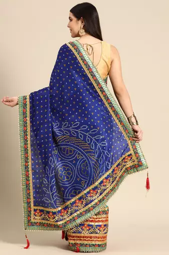 Blue bandhani saree with lace border and unstitched blouse piece