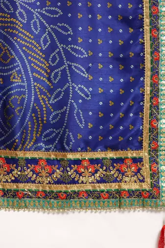 Blue bandhani saree with lace border and unstitched blouse piece