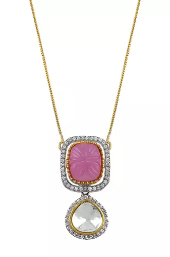 Classic kundan pendant with engraved pink stone