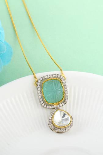 Classic kundan pendant with engraved aqua green stone