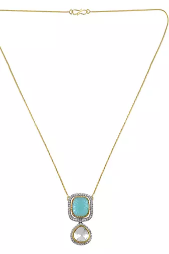 Classic kundan pendant with engraved aqua green stone
