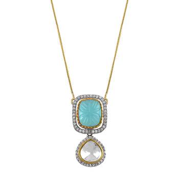 Classic kundan pendant with engraved aqua green stone 3
