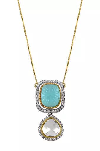 Classic kundan pendant with engraved aqua green stone