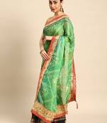 Green bandhani saree with lace border and unstitched blouse piece