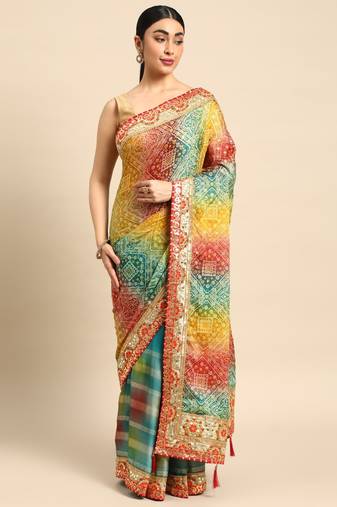 Blue bandhani saree with lace border and unstitched blouse piece