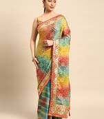 Blue bandhani saree with lace border and unstitched blouse piece