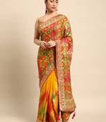 Yellow bandhani saree with lace border and unstitched blouse piece