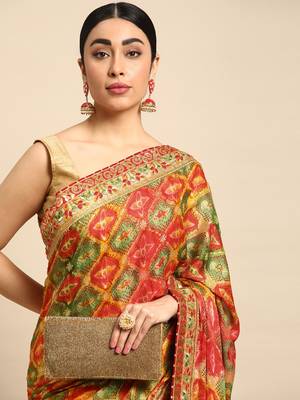 Yellow bandhani saree with lace border and unstitched blouse piece 3